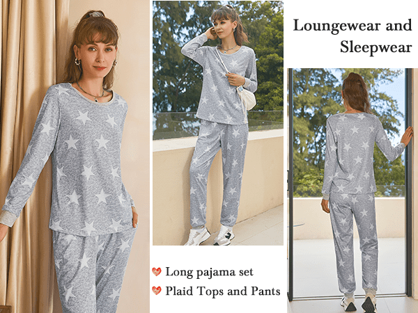 Women''s Pajama Set Plaid Pj Long Sleeve Sleepwear Soft Contrast 2 Piece Lounge Sets