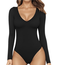 Ladies V Neck Long Sleeve Bodysuit for Women Body Suits Tummy Control Thong Bottom Shapewear 