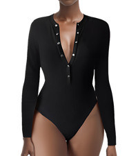 Women’s V Neck Long Sleeve Button Down Ribbed Knit Leotards Bodysuits Tops Jumpsuit Shapewear 