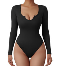 Women Scoop Neck Long Sleeve Bodysuit Shirt Shapewear Slim Fit One Piece Thong Classic Jumpsuit 