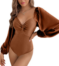 Women''s Bodysuits Lantern Puff Loose Sleeve V Neck Tops T-pants Jumpsuit Slim Fit Shapewear