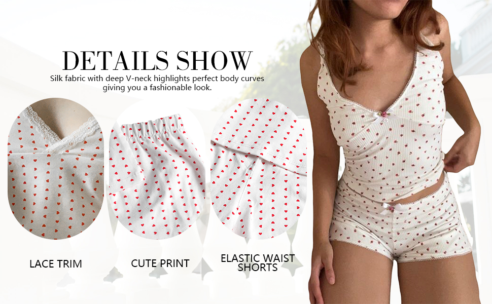 detials show, lace trim, cute print, elastic waist shorts