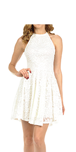 Auliné Collection Womens Halter Sleeveless Floral Lace Skater Dress