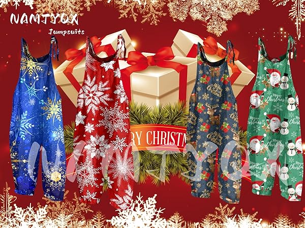 Christmas Overalls for Womens,Snowflake Printed Romper,Christmas Jumpsuit Playsuit Baggy Harem Pants