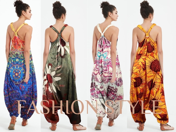 Harem Jumpsuit for Women Boho Floral Beach Tie Dye Backless Jumpsuit Rompers African Loose Fit Boho