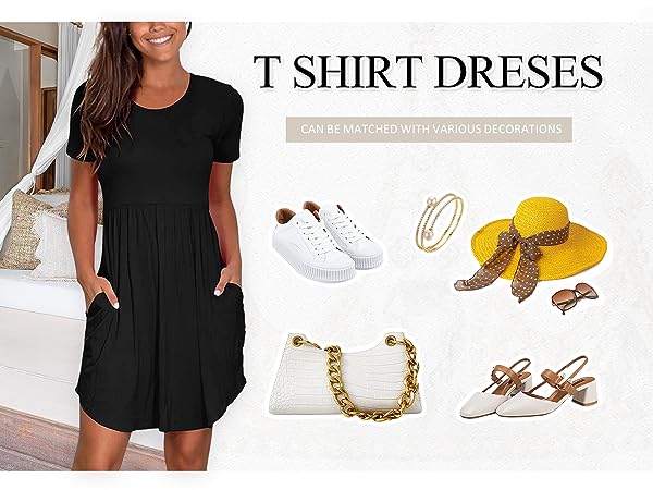 Summer Dress Casual T Shirt Dreses Soft Comfy Round Neck Swing Flowy Coverups with Pockets