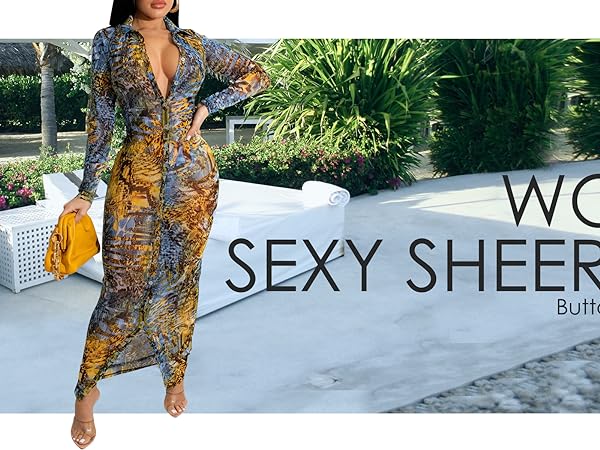 Sexy see through button down longdresses sheer mesh dress for women