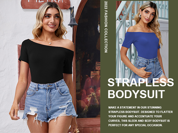 LAOALSI Women''s Off Shoulder Short Sleeve Slim Fit Casual Basic Bodysuit