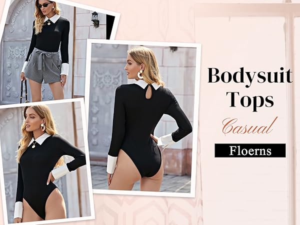 Women''s Long Sleeve Contrast Collar Keyhole Back Casual Bodysuit Tops