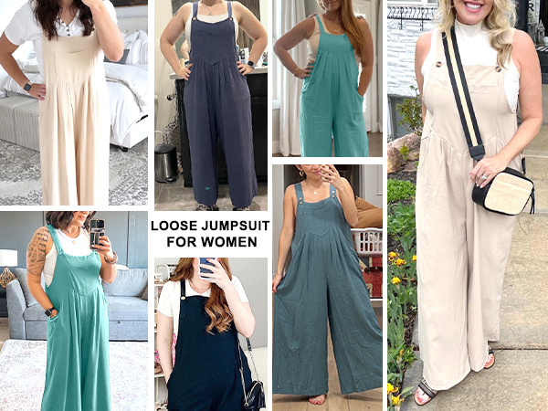 SeekMe Women&#39;s Casual Linen Overalls Loose Fit Wide Leg Jumpsuits