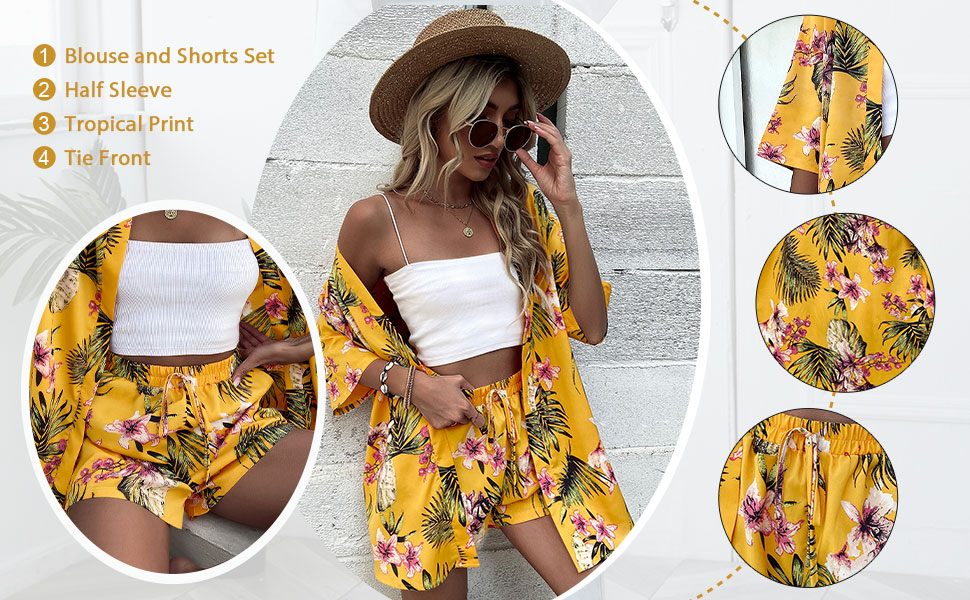 Milumia Women''s Two Piece Outfits Boho Tropical Print Vacation Beach Blouse and Shorts Set