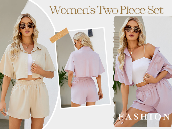 Women 2 Piece Outfit Summer Button Up Short Sleeve Crop Top and High Waist Shorts Set