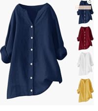 Womens Cotton Linen V Neck Button Down Shirts 