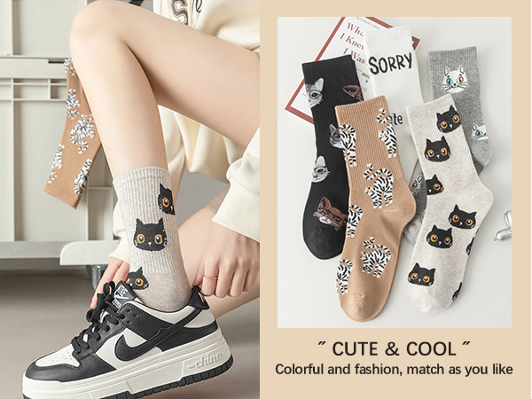 Women''s Girls Cute Animal Designed Crew Socks, funny socks for women size 6-9, long socks for women