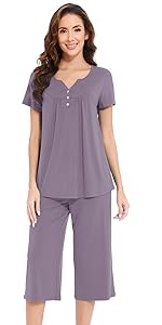 WiWi women Bamboo Pajamas Soft Short Sleeve Capri Pants Lounge Sets