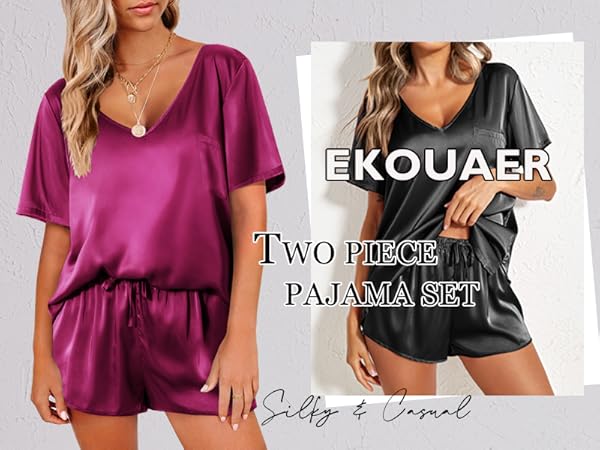 womens satin pajamas silk pjs casual 2 piece set