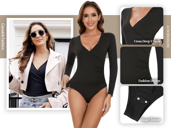 Women&#39;s Cross Deep V Neck Long Sleeve Ruched Thong Tank Shirt JumpSuit BodySuit