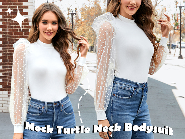 Mock Turtle Neck Polka Dot Sheer Mesh Puff Long Sleeve Bodysuit Blouses for Women