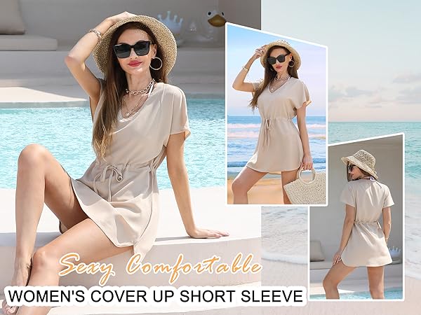 casual dress v neck women ladies girl cover up short sleeve bikini swimwear beachwear summer sexy