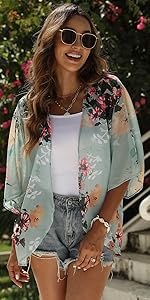  Mint Green Floral Kimono Cardigan Loose Short Sleeve Shawl Chiffon Casual Beach Cover Up