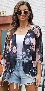 Summer Floral Print Short Sleeve Chiffon Kimono Cardigan Open Front Blouse Top Beach Wear Cover Up