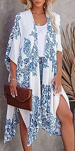 Chunoy Women Open Front Lightweight Floral Summer Cardigan Beach Wear Kimonos Cover Up