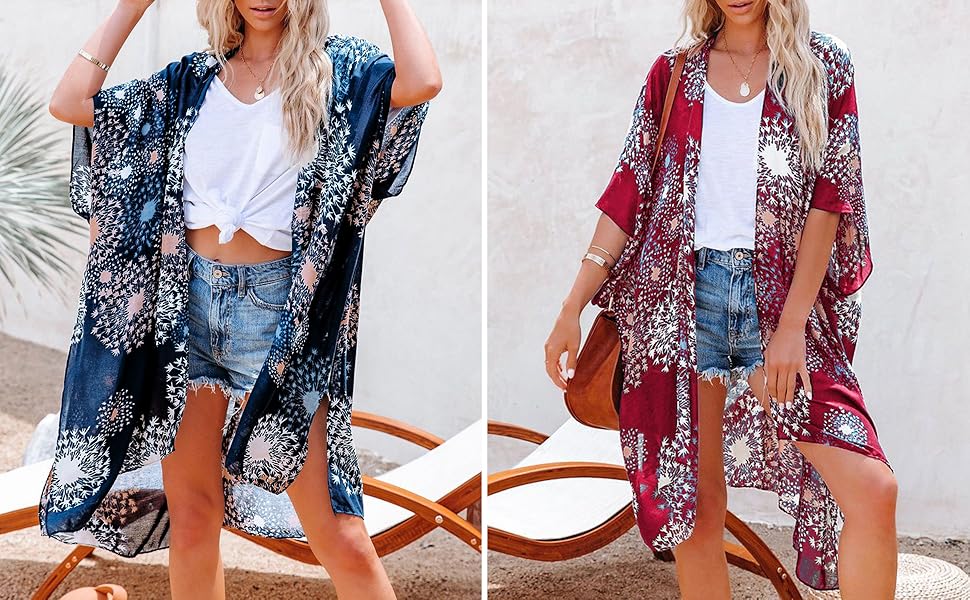 Women Open Front Short Sleeve Floral Print Midi Side Slit Kimono Cardigan Beach Wear Cover Up