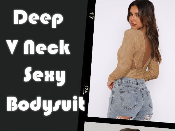 deep v neck long sleeve bodysuit for women textured sexy tops for women going out trendy