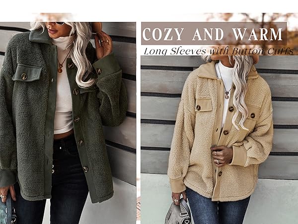 Womens Winter Casual Sherpa Fleece Jacket Long Sleeve Button Solid Warm Fuzzy Outwear Coat Pockets