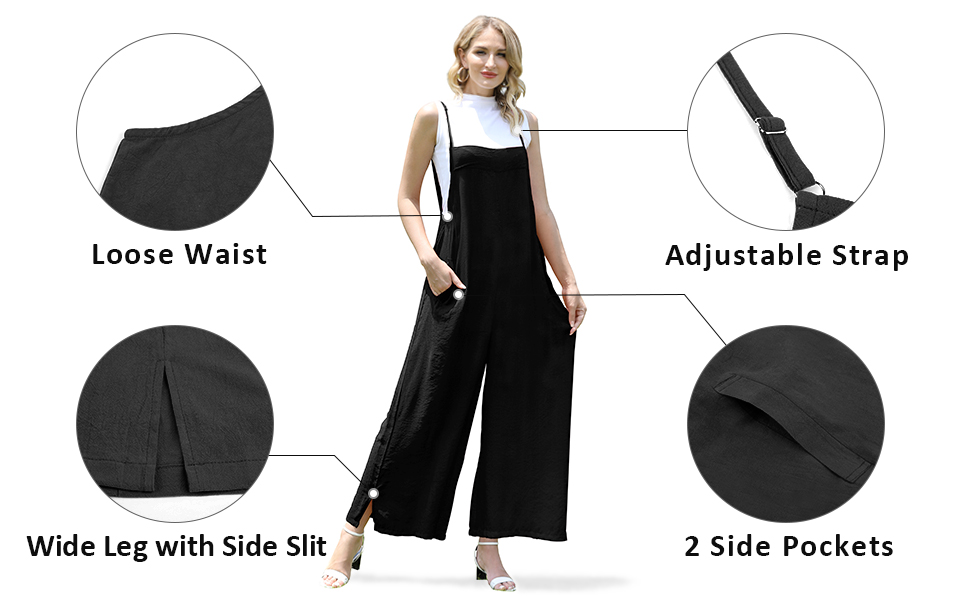 YESNO Women Casual Loose Long Bib Pants Wide Leg Jumpsuits