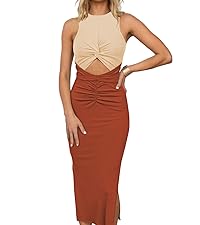 Duigluw Summer Cocktail Dresses Women Knit Sleeveless Cutout Bodycon Tank Midi Dress with Slit