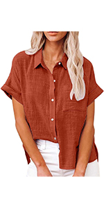 Gauze Button Down Shirts for Women,Cotton Linen Blouse Short Sleeve Beach Top Loose Plus Size Tunic