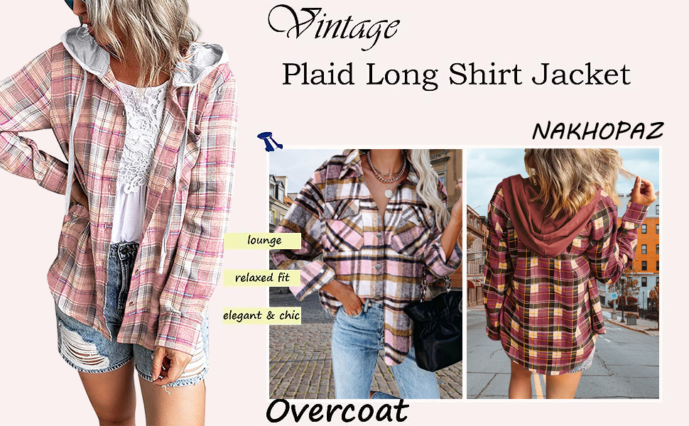 Fall Jackets for Women Plaid Flannel Long Sleeve Button Down Hoodie Coat