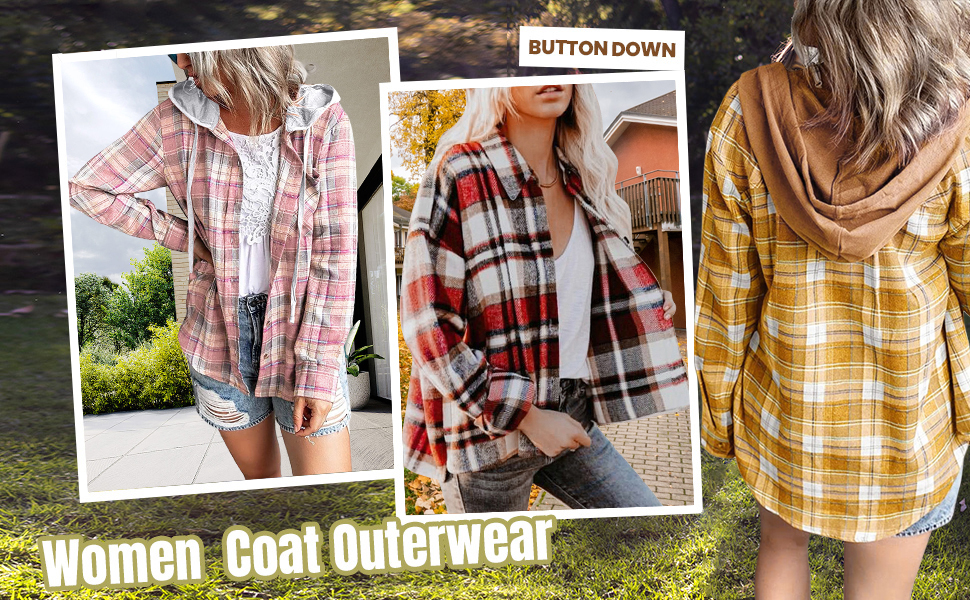 Winter Jackets For Women Plaid Flannel Long Sleeve Button Down Hoodie Outwear