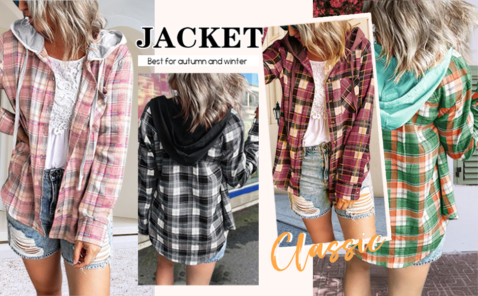 Fall Outfits For Women Plaid Flannel Long Sleeve Button Down Hoodie Coat