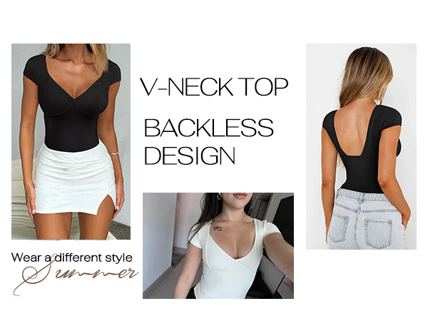 Womens Sexy Bodysuits V Neck Cap Sleeve Double Lined Going Out Tops Summer Trendy Clothes