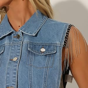 Allegra K Tassel Shoulder Sleeveless Denim Vest for Women''s Jean Jacket