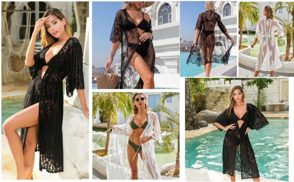 Women''s Lace Cardigan Floral Crochet Sheer Beach Cover Ups Long Kimono Bikini Bathing Suit cover up