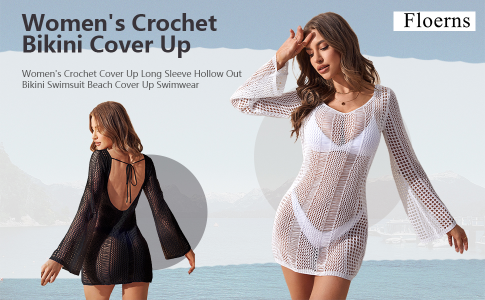 Floerns Women''s Crochet Cover Up Long Sleeve Hollow Out Bikini Swimsuit Beach Cover Up Swimwear