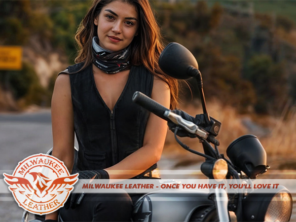 Milwaukee leather apparel denim cotton ladies women girl woman vest sleeveless motorcycle riding 