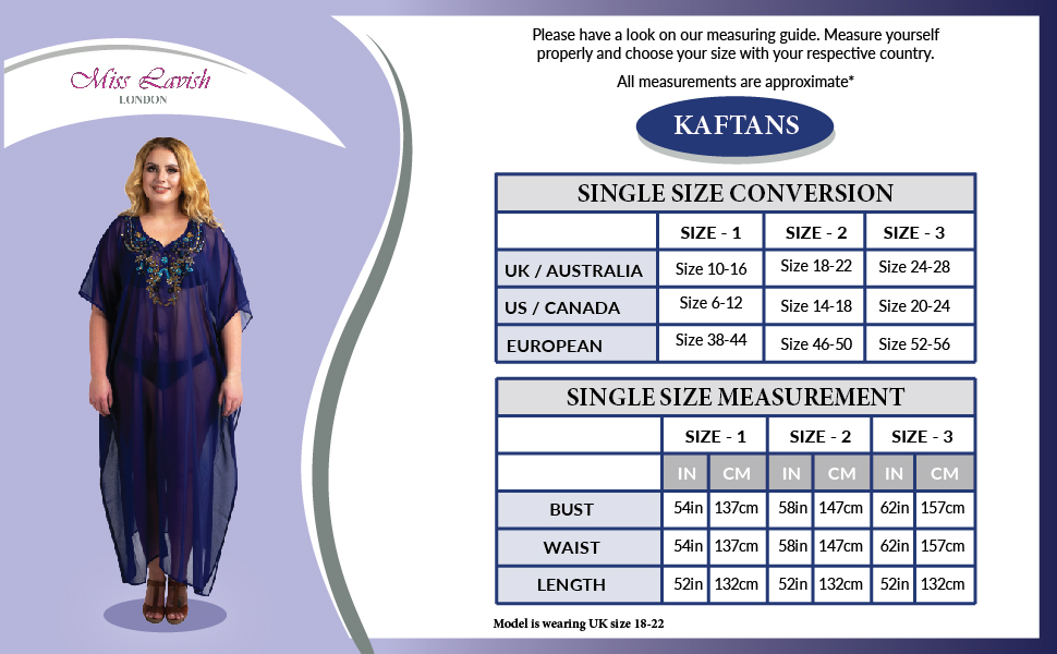 Miss Lavish London Embelished Kaftan Kimono Dresses Size Guide Chart Summer Beach Cover Up 