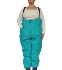 Plus size woman modeling plus size snow bibs