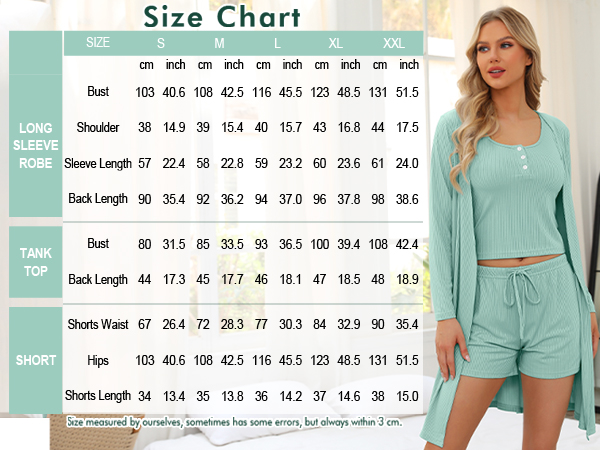 Women''s 3 Piece Ribbed Knit Lounge Sets Pajama Sets Cardigan Loungewear Robe Tank Top Shorts Pockets