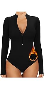 Long Sleeve V Neck Zipper  Bodysuits