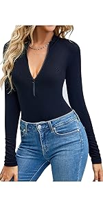 Long Sleeve V Neck Zipper  Bodysuits