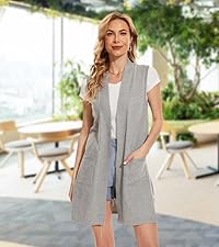 Women Sleeveless Open Front Cardigan Vest Long Sweater Lightweight Ribbed Knit Coat with Pockets