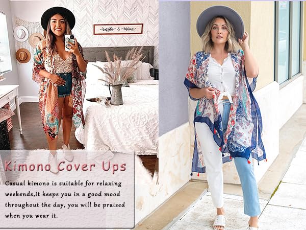 Women&#39;s Floral Print Kimono Cardigan Casual Swimsuit Cover Up Loose Beach Tops for Summer