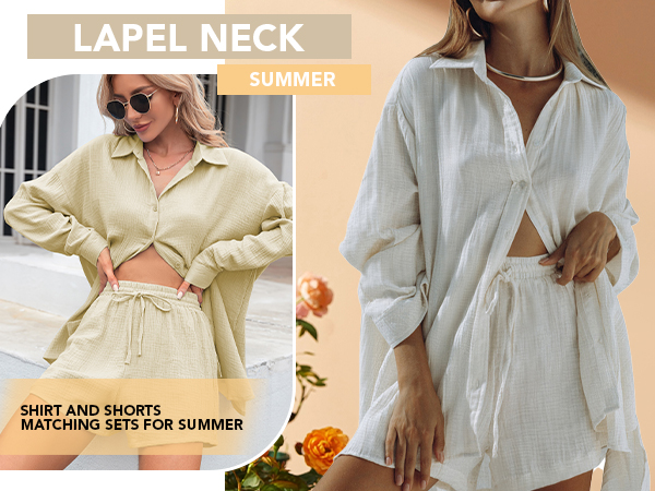 Piece Summer Outfits Button Down Shirt Top and Shorts Casual Lounge Sets