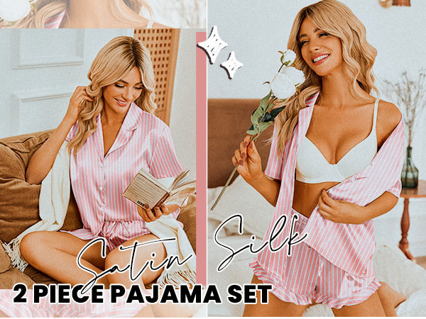 Womens Satin Pajamas Set Button Down 2 Piece Silk Pjs Shorts Set