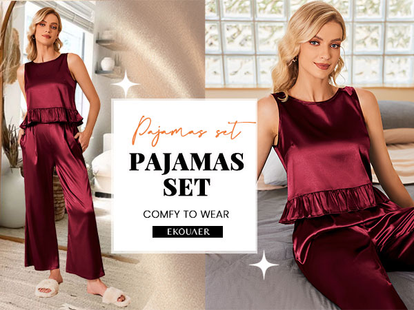 Womens Satin Pajamas Set 2 Piece Silk Outfits Sleeveless Sleepwear with Pockets